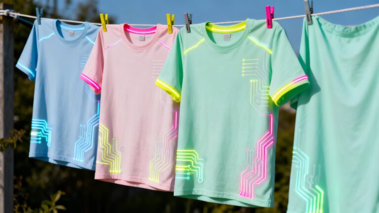 T-shirts colorés avec motifs circuits sur corde à linge.