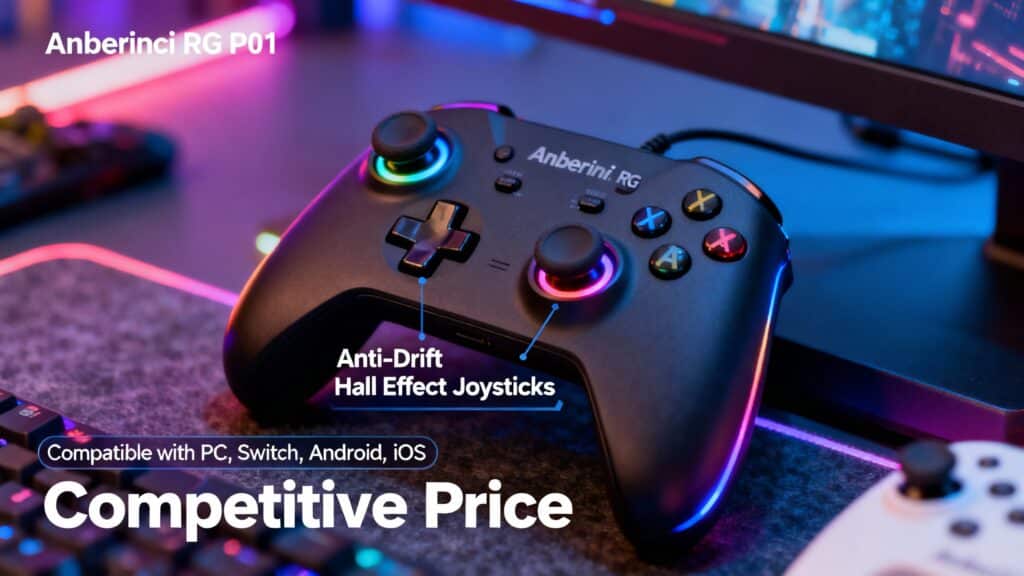 Manette de jeu avec sticks anti-dérive, compatible multi-plateformes.