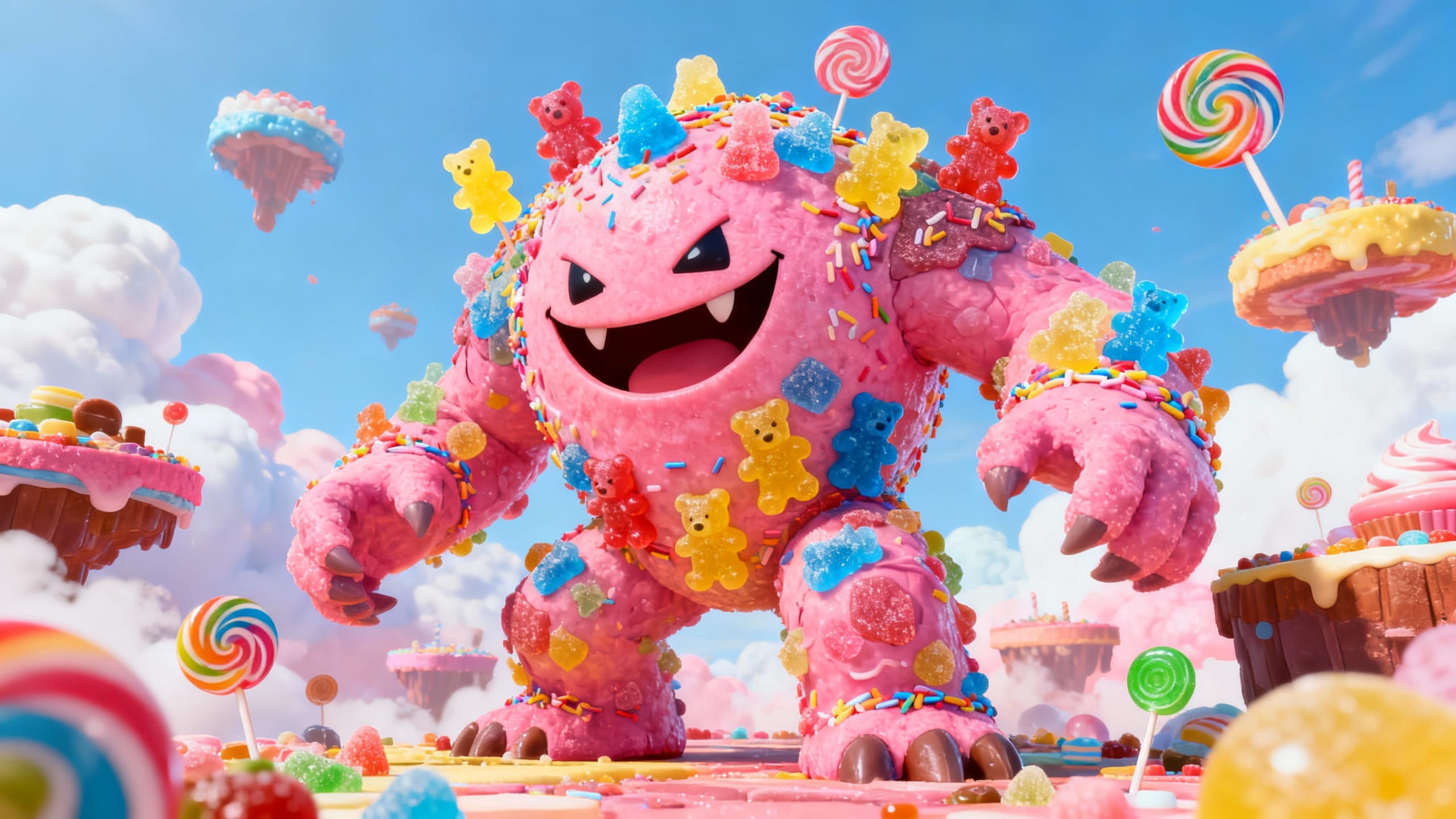 Monstre bonbon géant entouré de sucreries colorées.