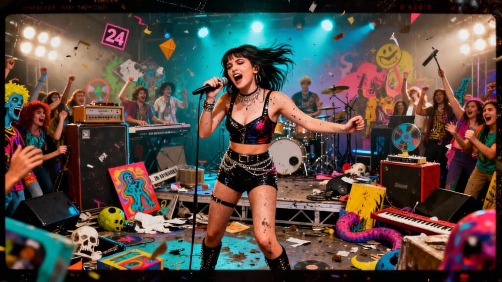 Chanteuse rock en concert, ambiance festive colorée.