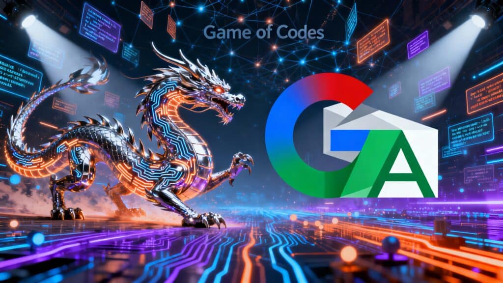 Dragon numérique face au logo multi-couleurs