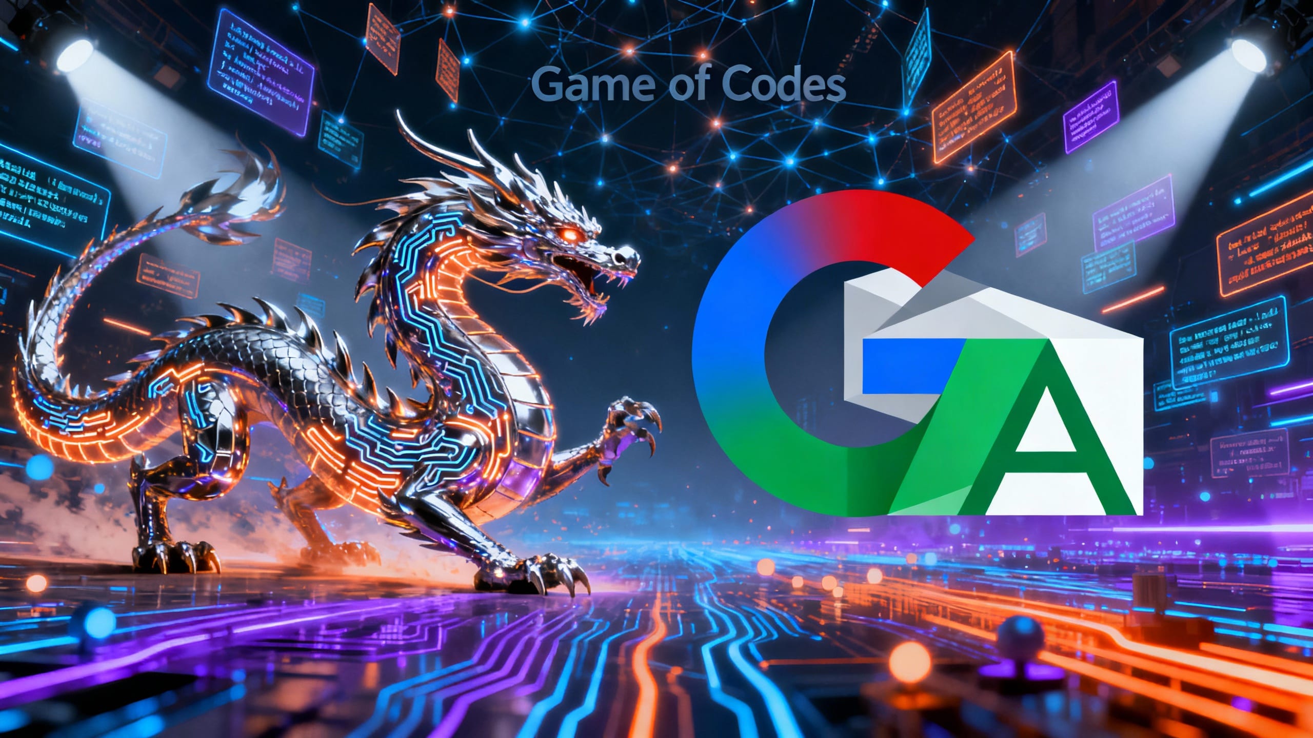 Dragon numérique face au logo multi-couleurs