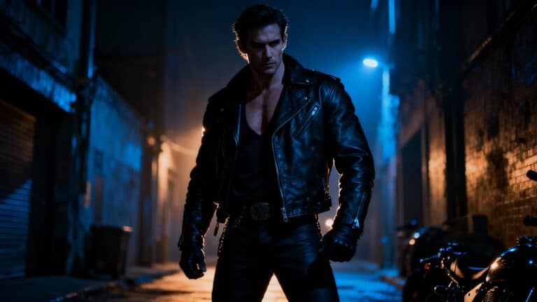 Homme en cuir noir dans une ruelle sombre.