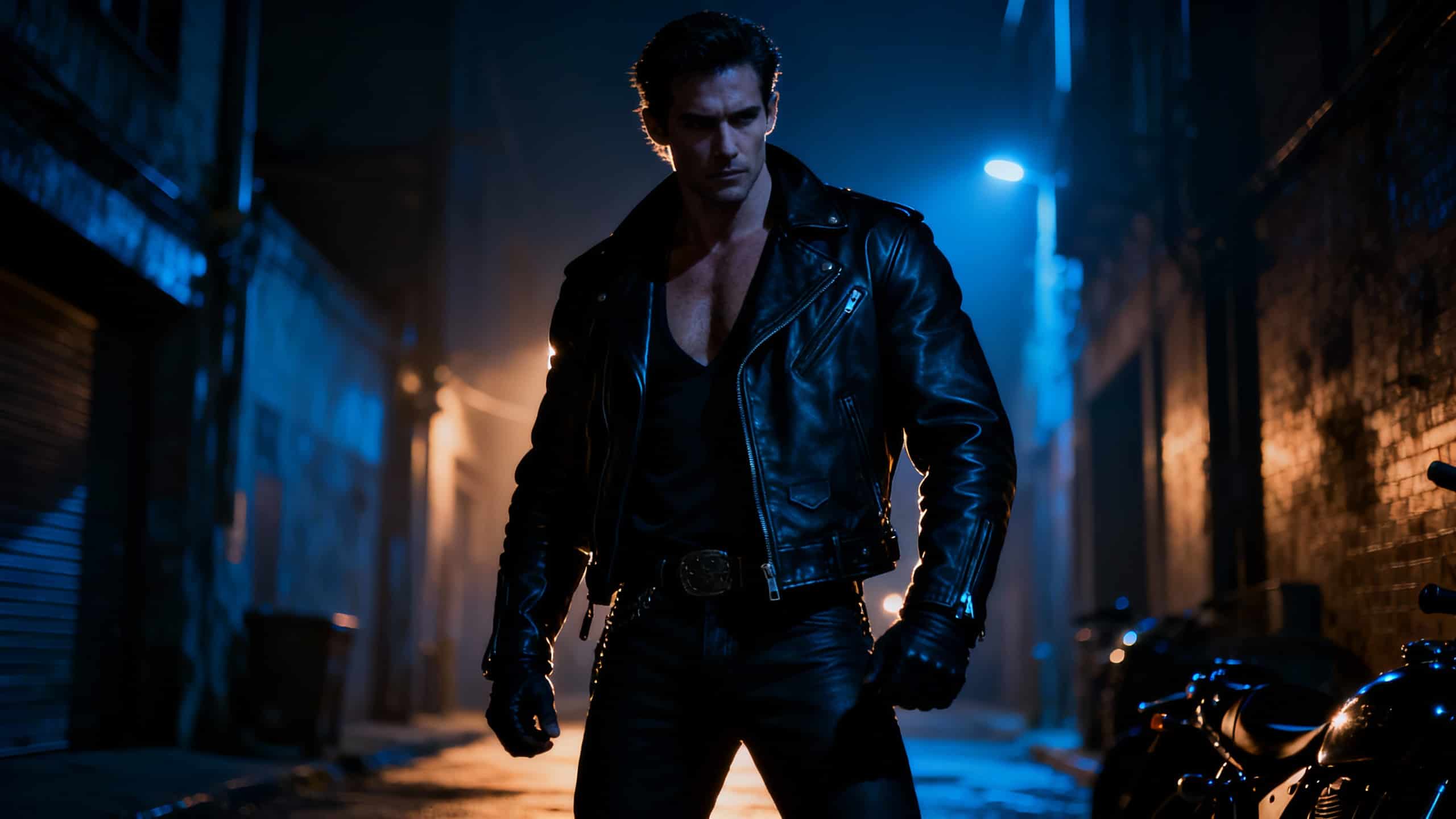 Homme en cuir noir dans une ruelle sombre.