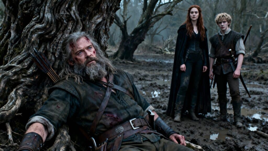 Scène médiévale avec trois personnages dans forêt boueuse.