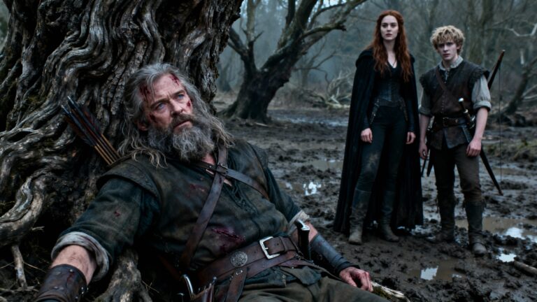 Scène médiévale avec trois personnages dans forêt boueuse.