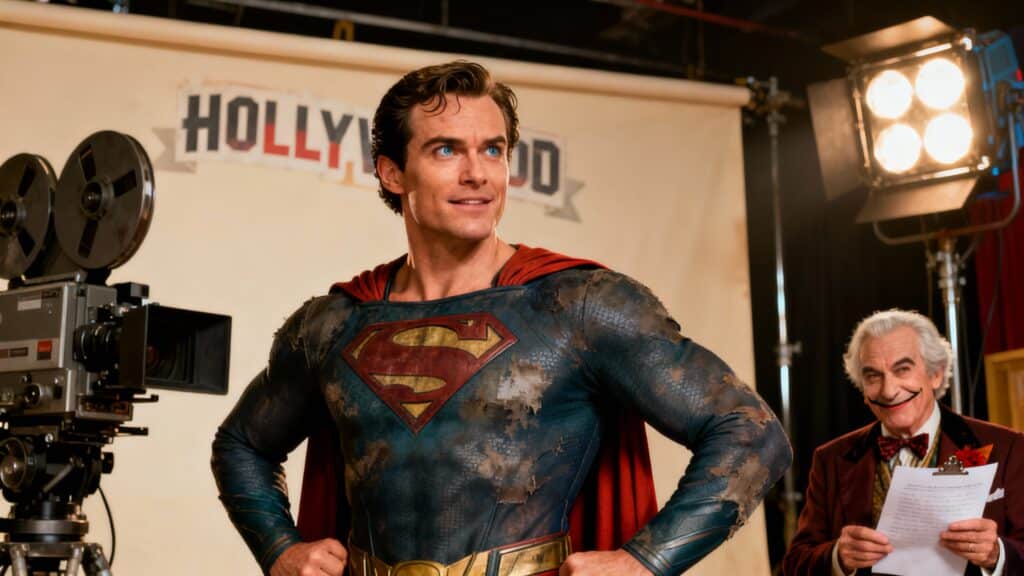 Homme en costume de super-héros devant caméra.