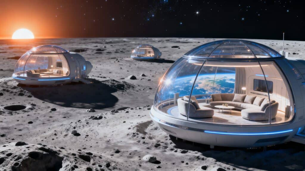 Habitats futuristes sur la lune au coucher du soleil.
