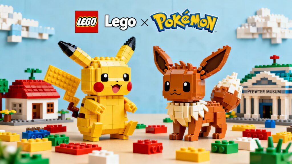 Pikachu et Évoli en LEGO dans une ville miniature.