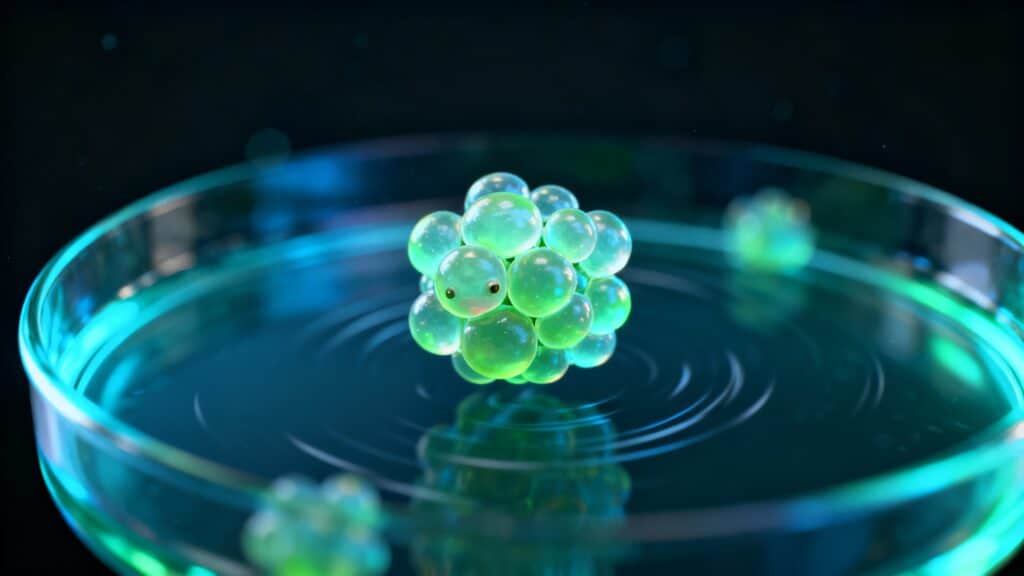 Billes vertes flottant sur l'eau dans une coupelle.