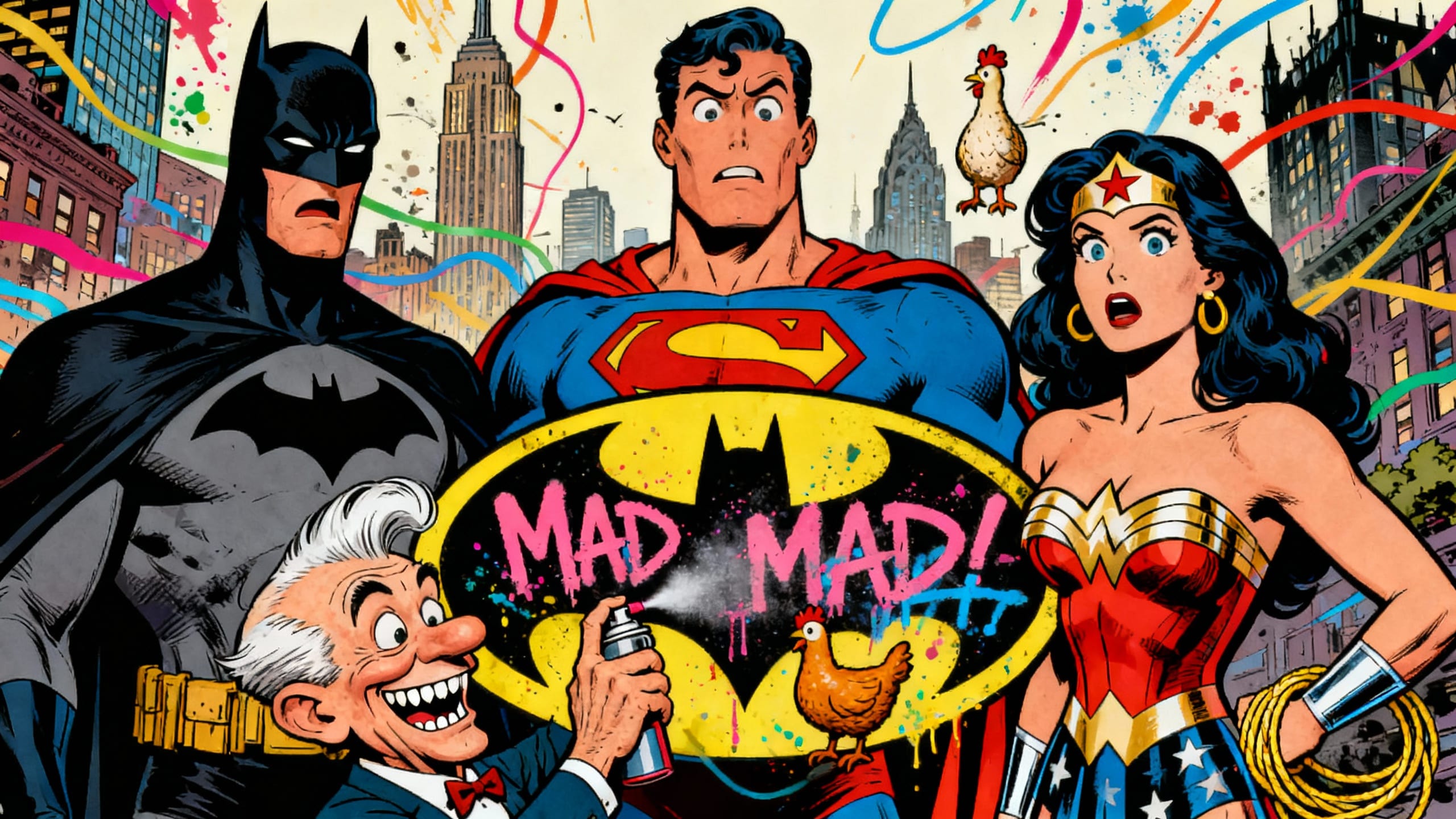 Superhéros avec logo coloré, surprise et humour.