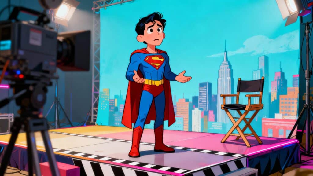 Animation: personnage super-héros sur un plateau de tournage.