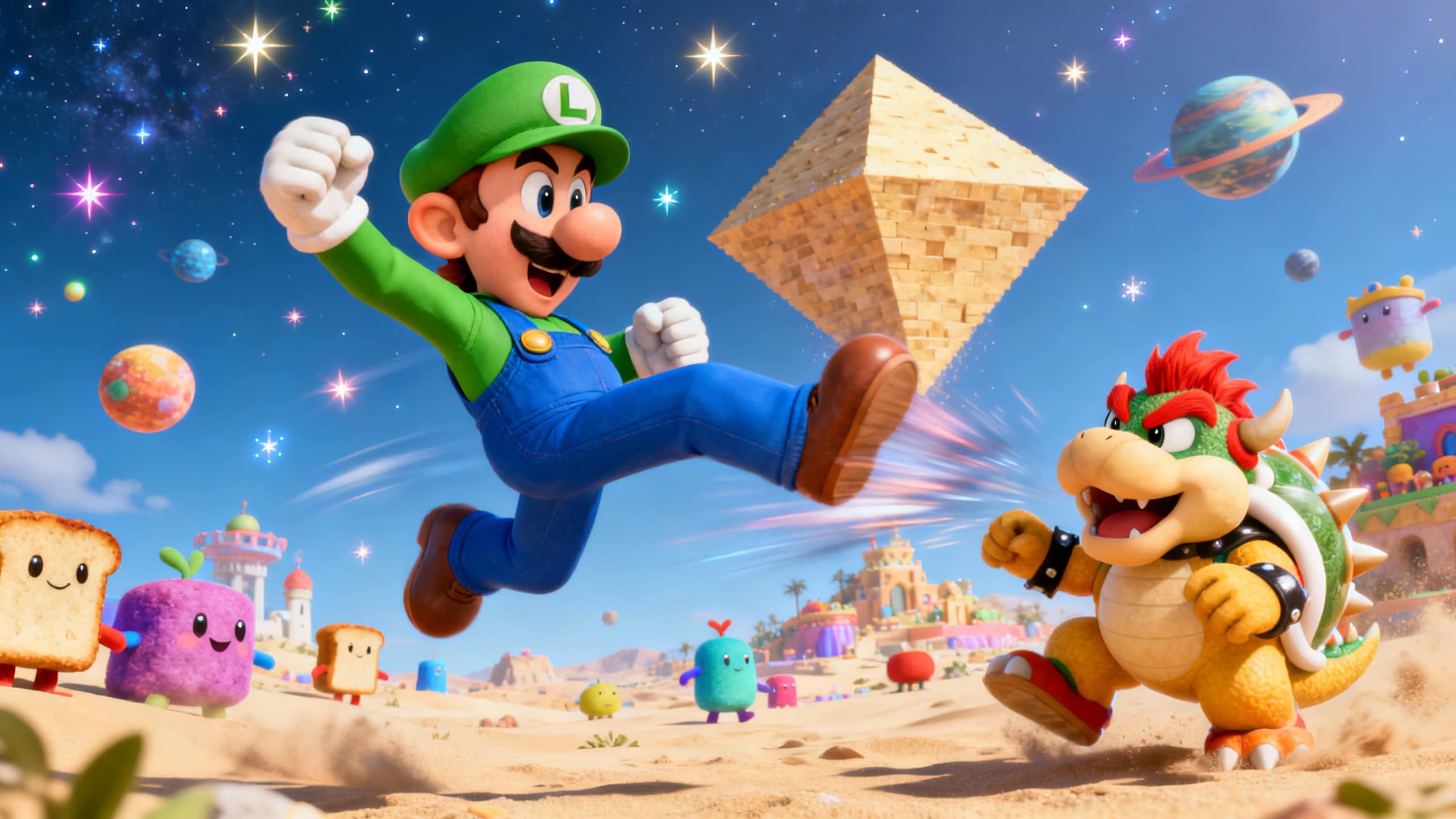 Personnage vert sautant, créature jaune en avant-plan.