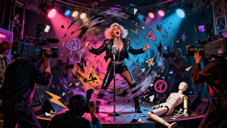 Chanteur sur scène entouré de caméras et lumières.