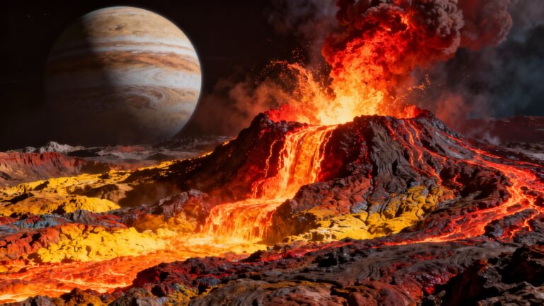 Volcan en éruption devant une planète géante gazeuse.