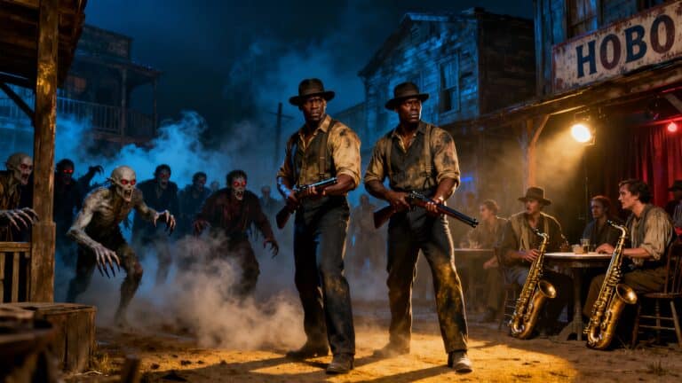 Deux hommes armés face à des créatures menaçantes.