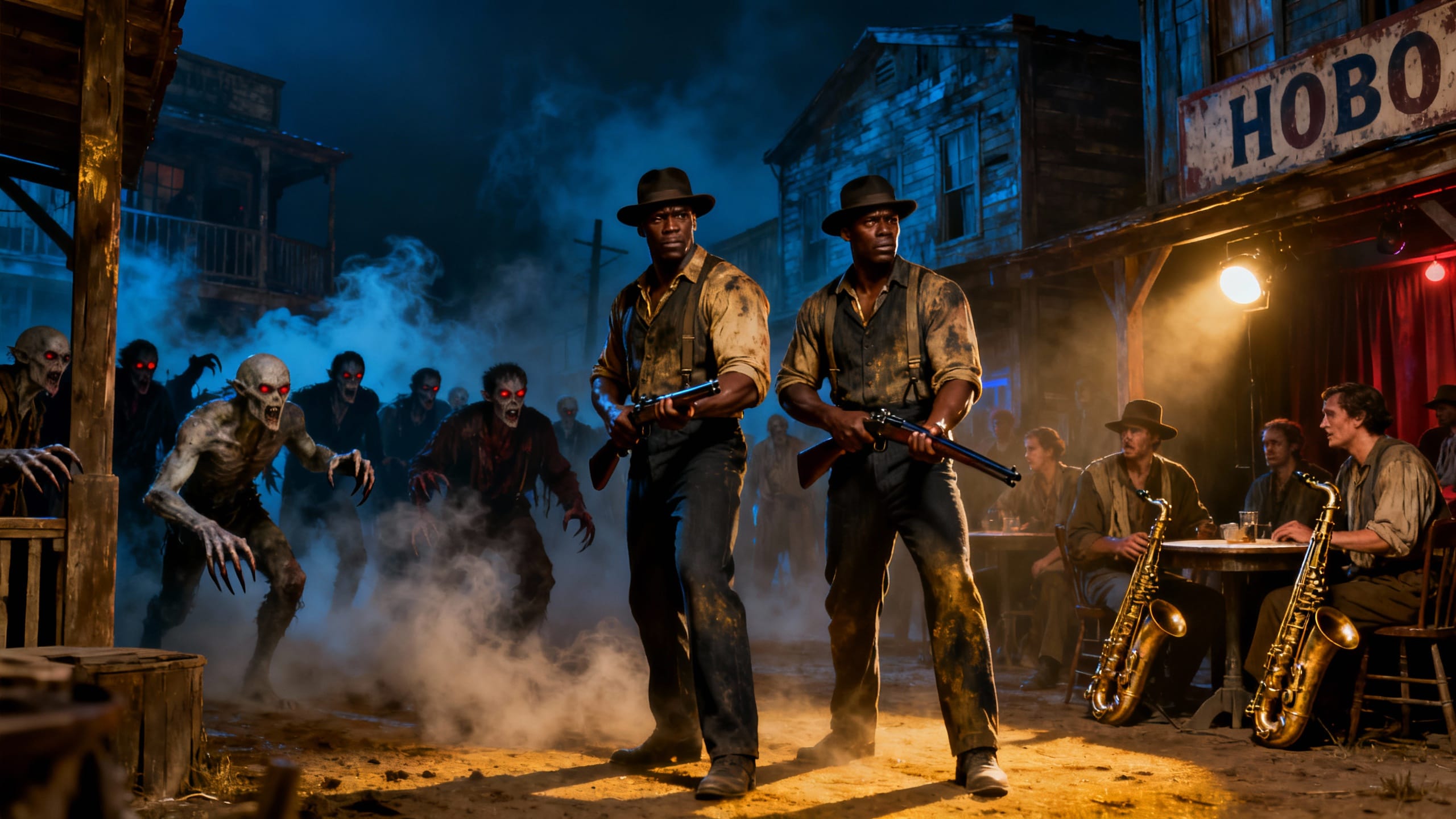 Deux hommes armés face à des créatures menaçantes.
