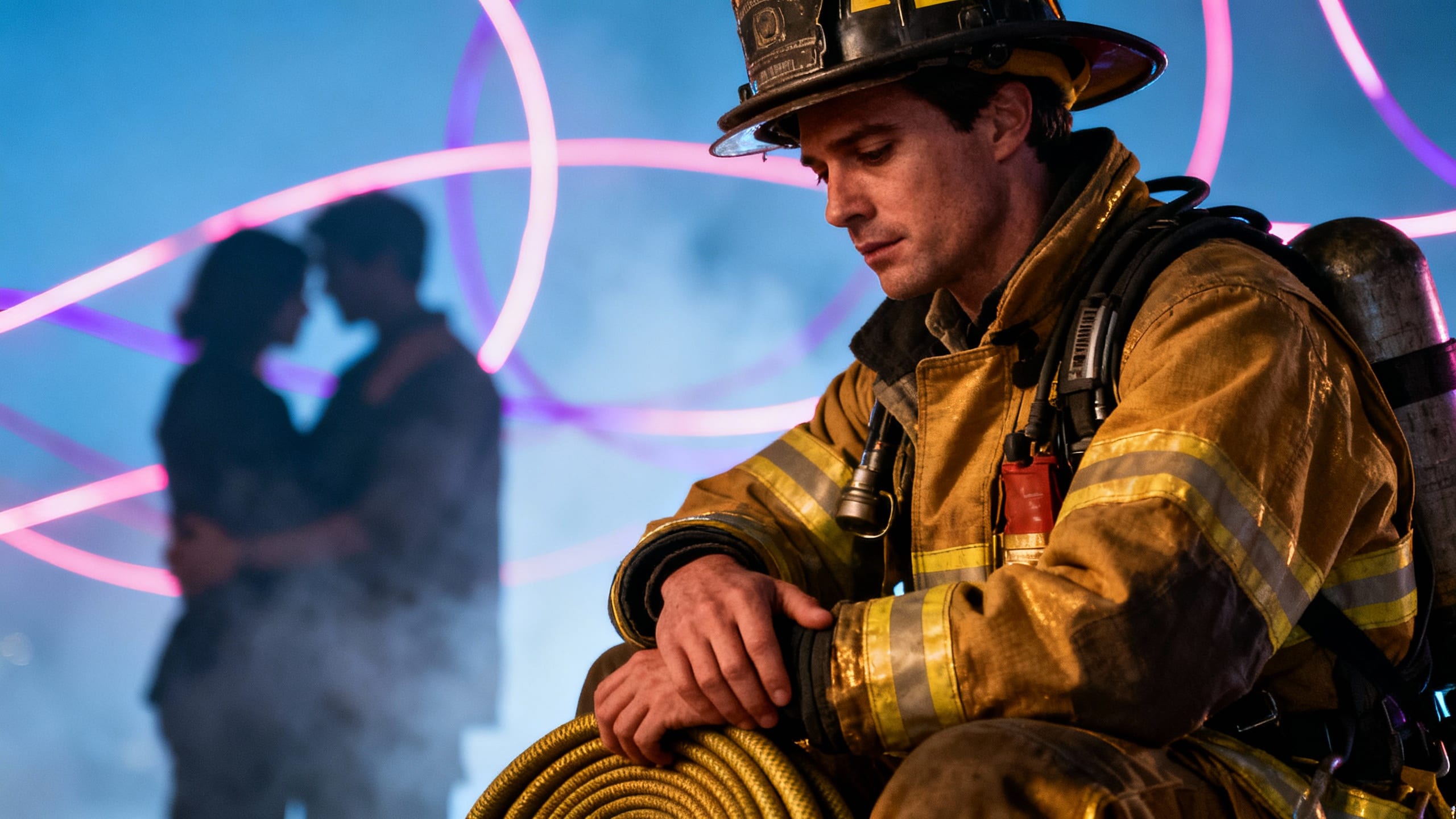 Pompier pensif avec couple flou en arrière-plan.