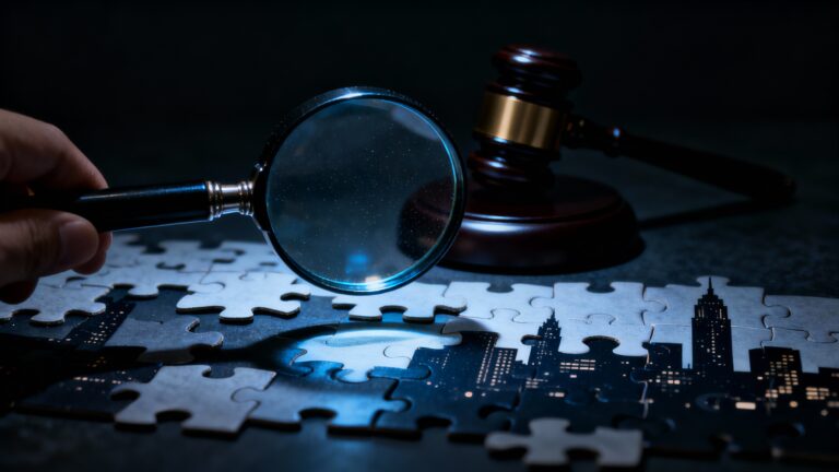 Loupe et marteau juge sur puzzle silhouette ville.