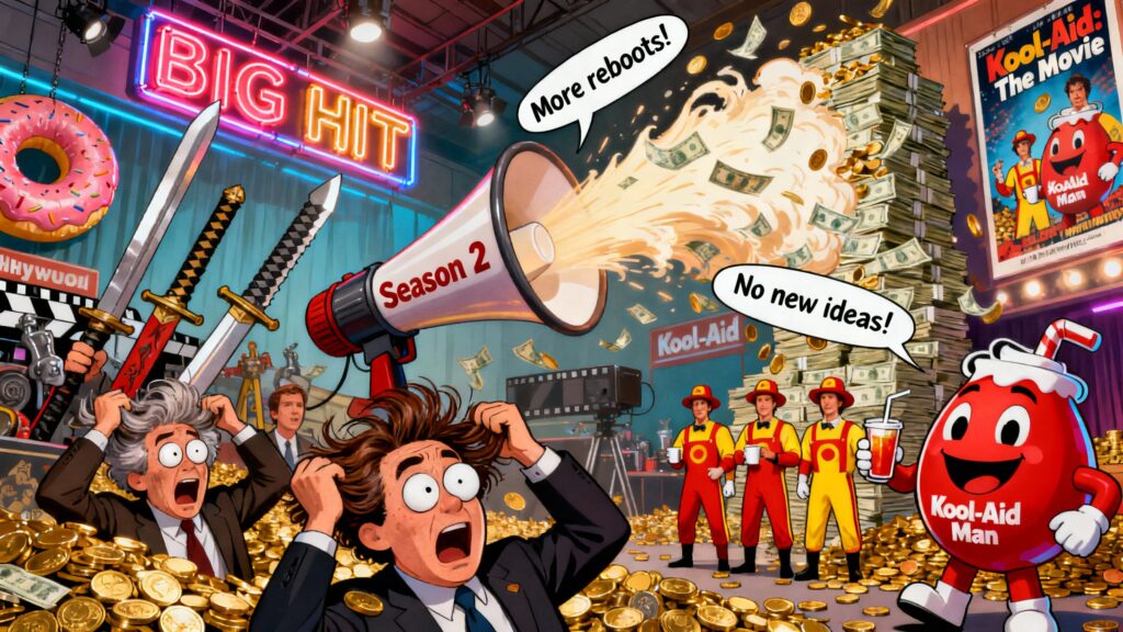 Parodie cinéma avec personnages paniqués et pluie d'argent.