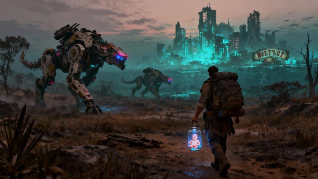 Homme avec bébé en bocal, robots géants, ville futuriste.