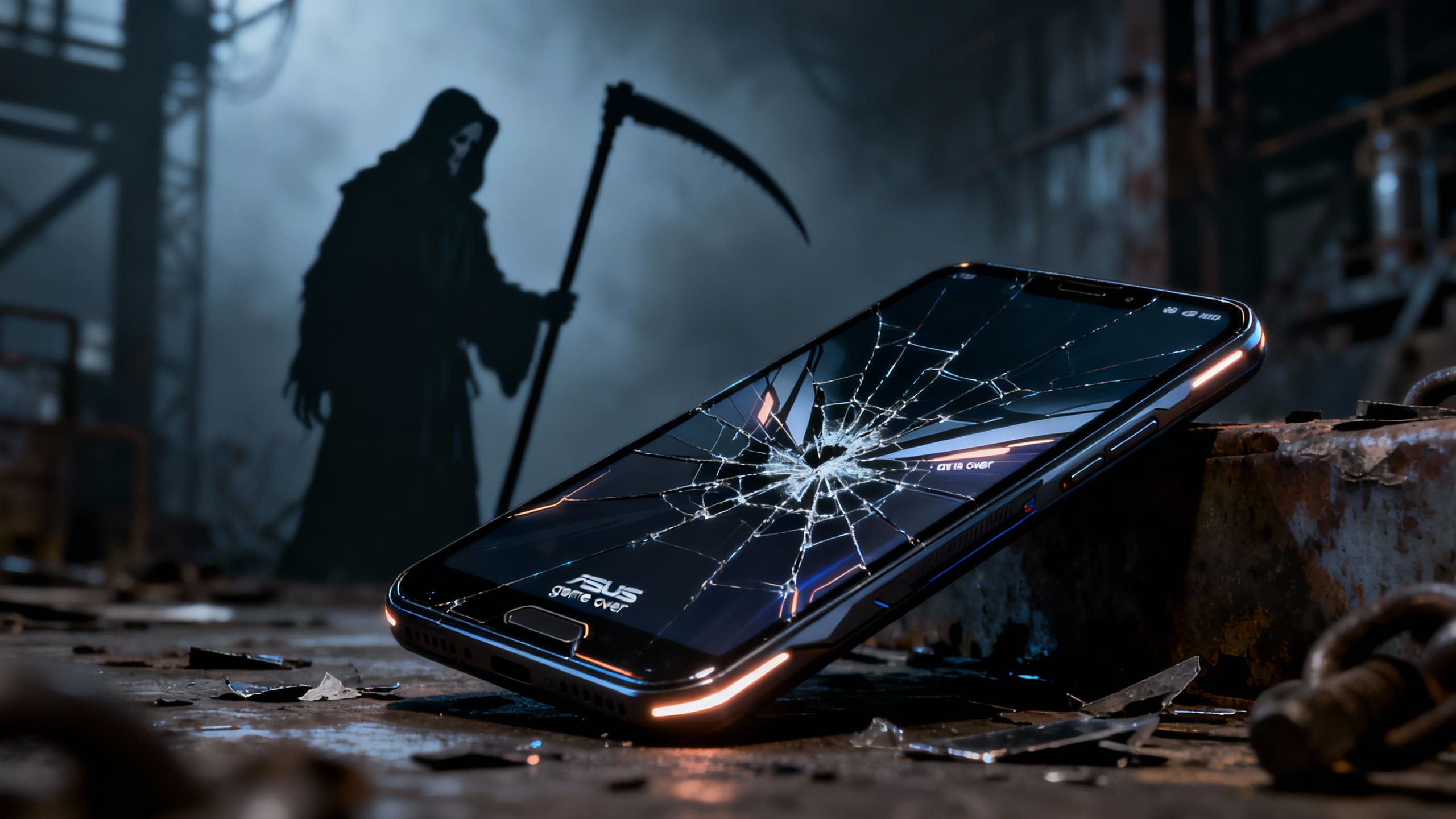 Smartphone cassé avec faucheuse en arrière-plan.