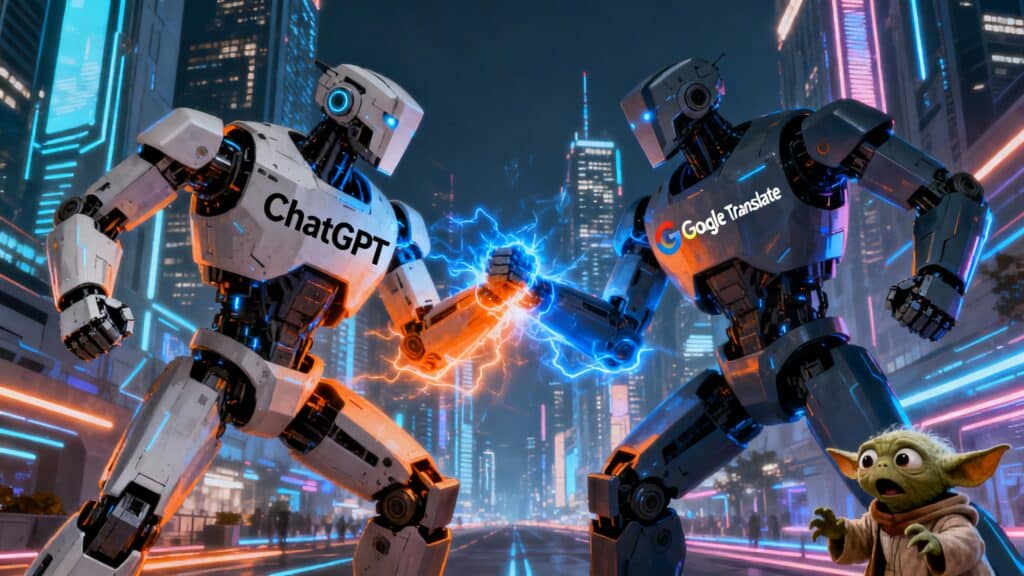 Robots futuristes s'affrontant énergiquement dans une ville éclairée.