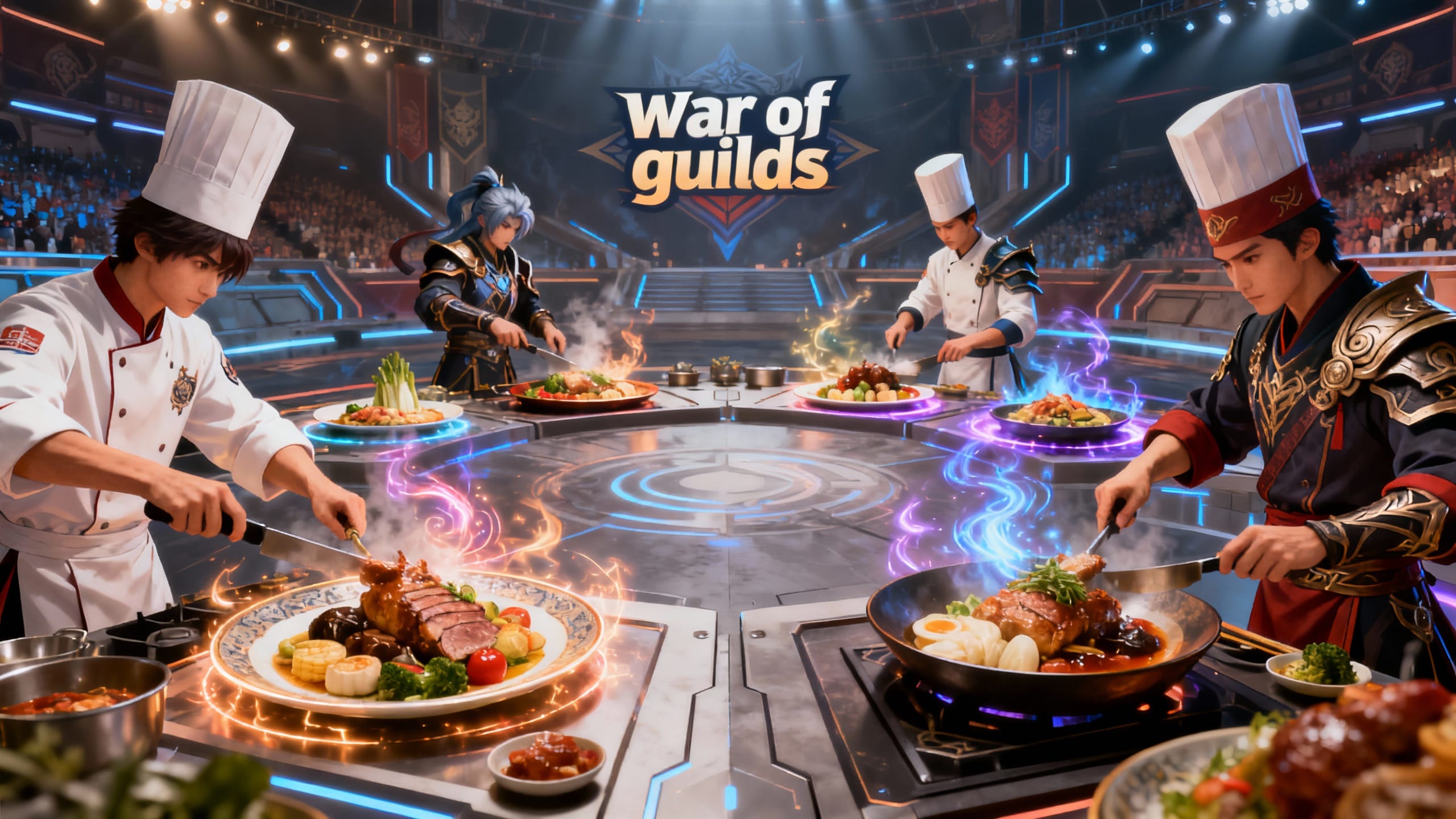 Concours culinaire entre chefs dans une arène.
