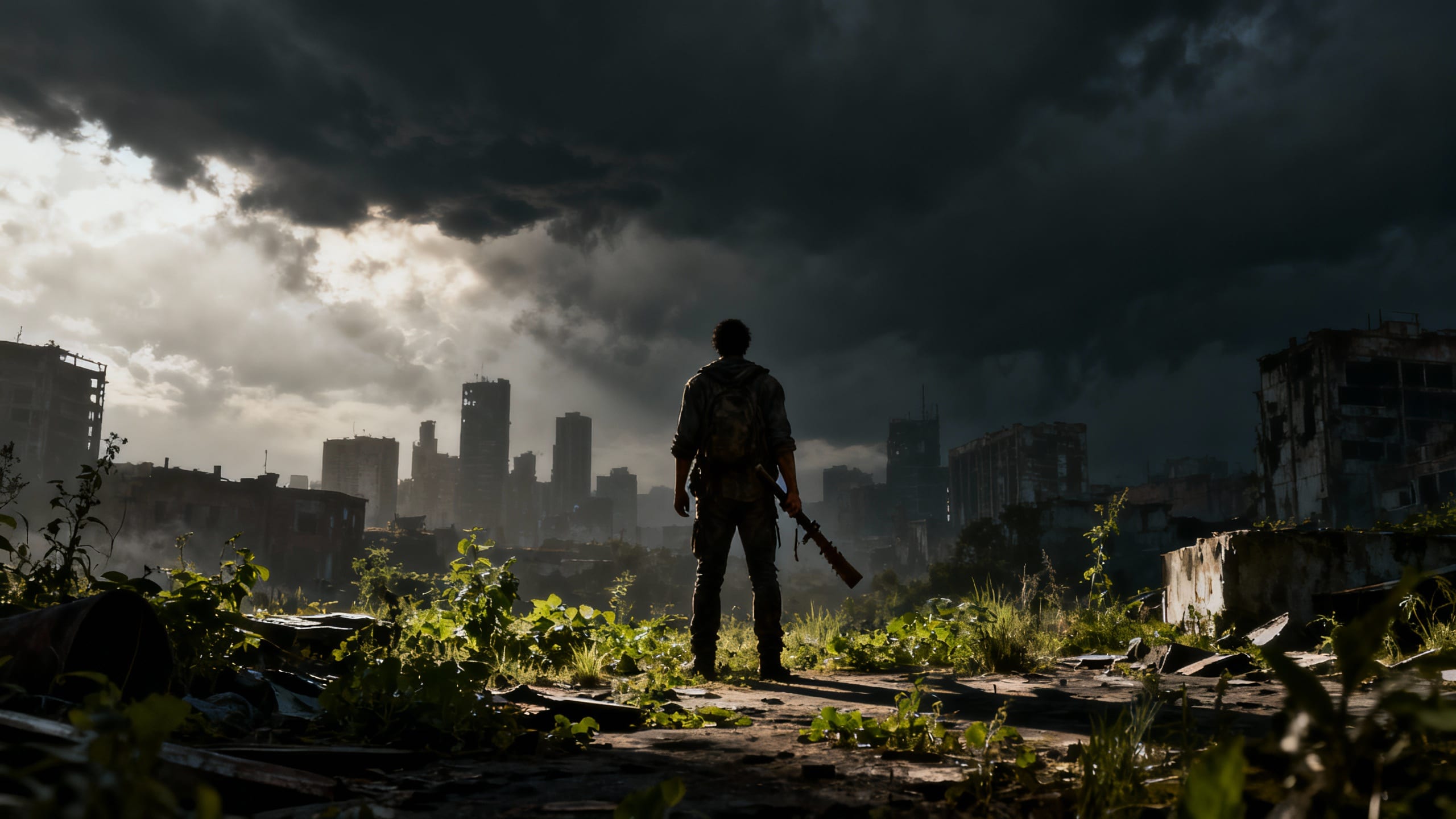 Personne armée dans une ville post-apocalyptique orageuse.