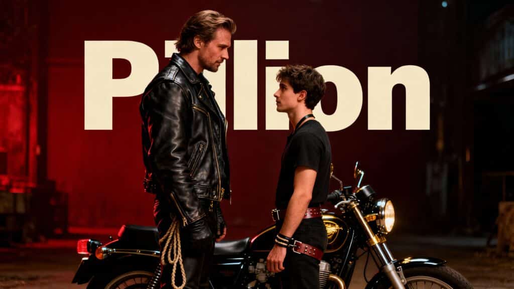 Deux hommes face à face devant une moto.