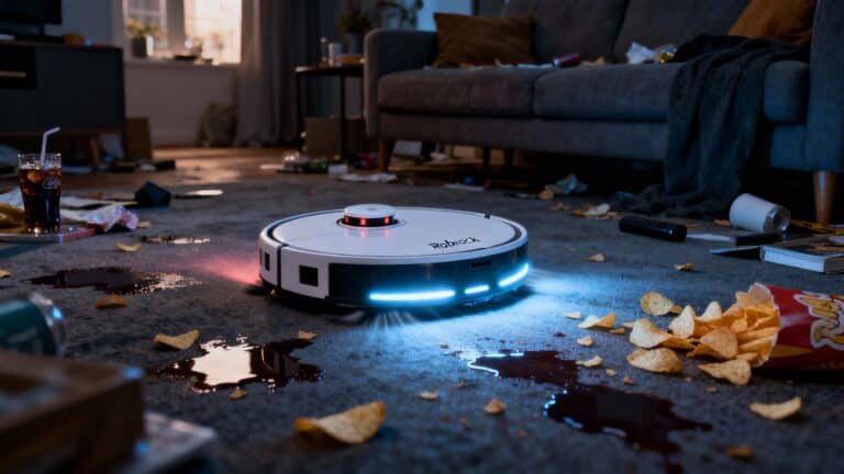 Aspirateur robot nettoyant un sol en désordre.