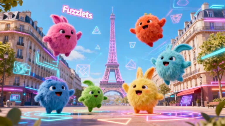 Personnages colorés sautant devant la Tour Eiffel.