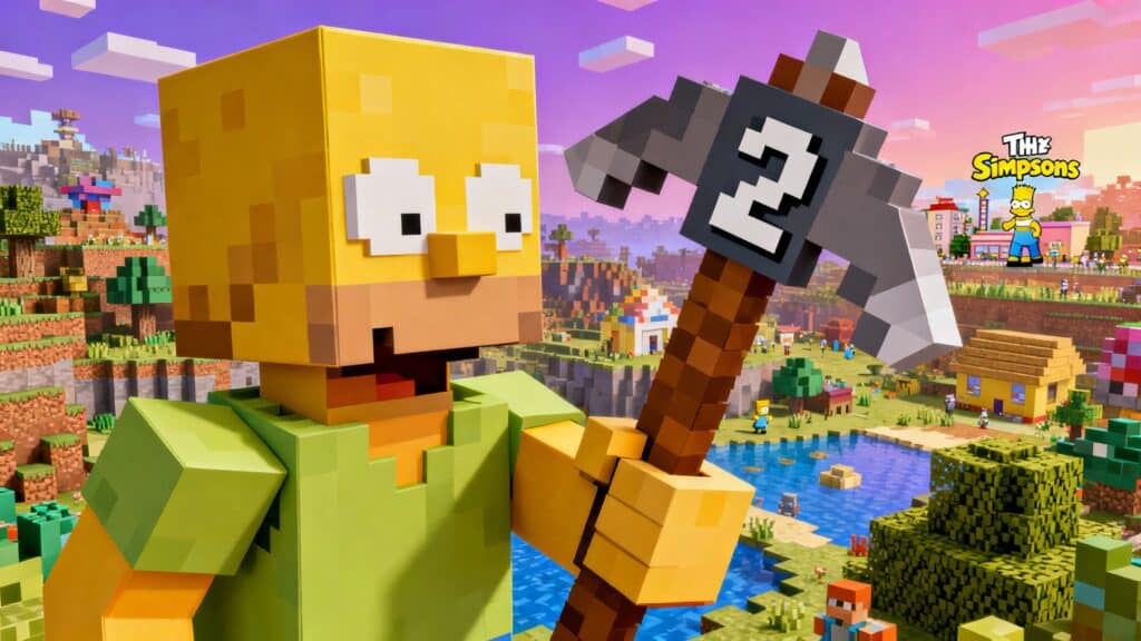 Personnage pixelisé tenant une hache dans un paysage.