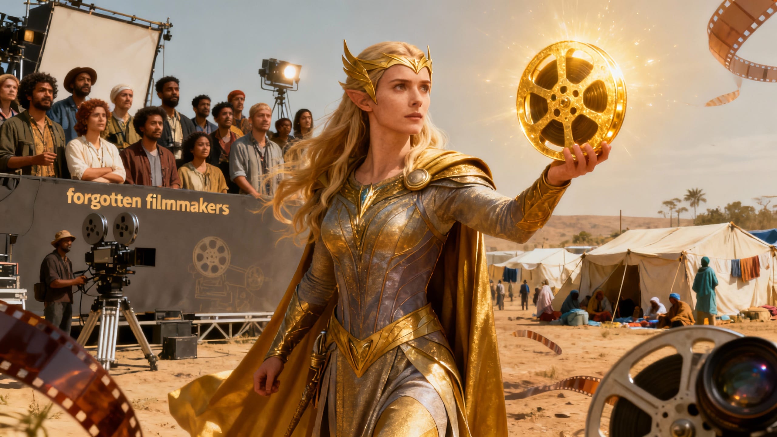 Femme en costume doré tenant une bobine lumineuse.