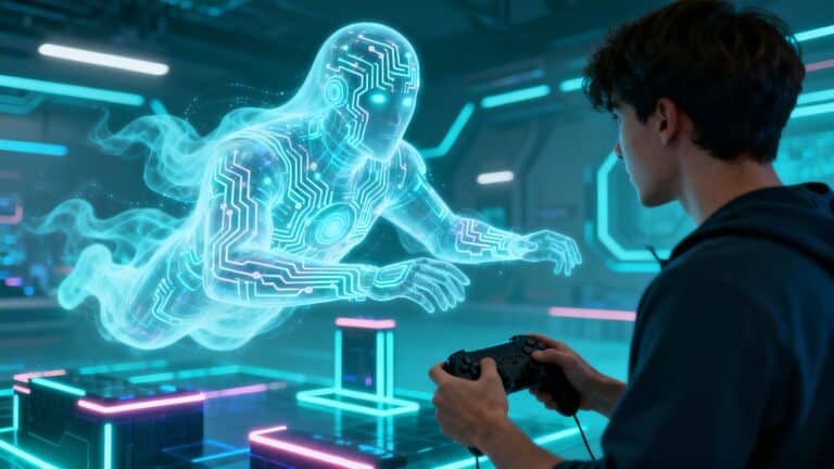 Jeune homme joue avec hologramme futuriste.