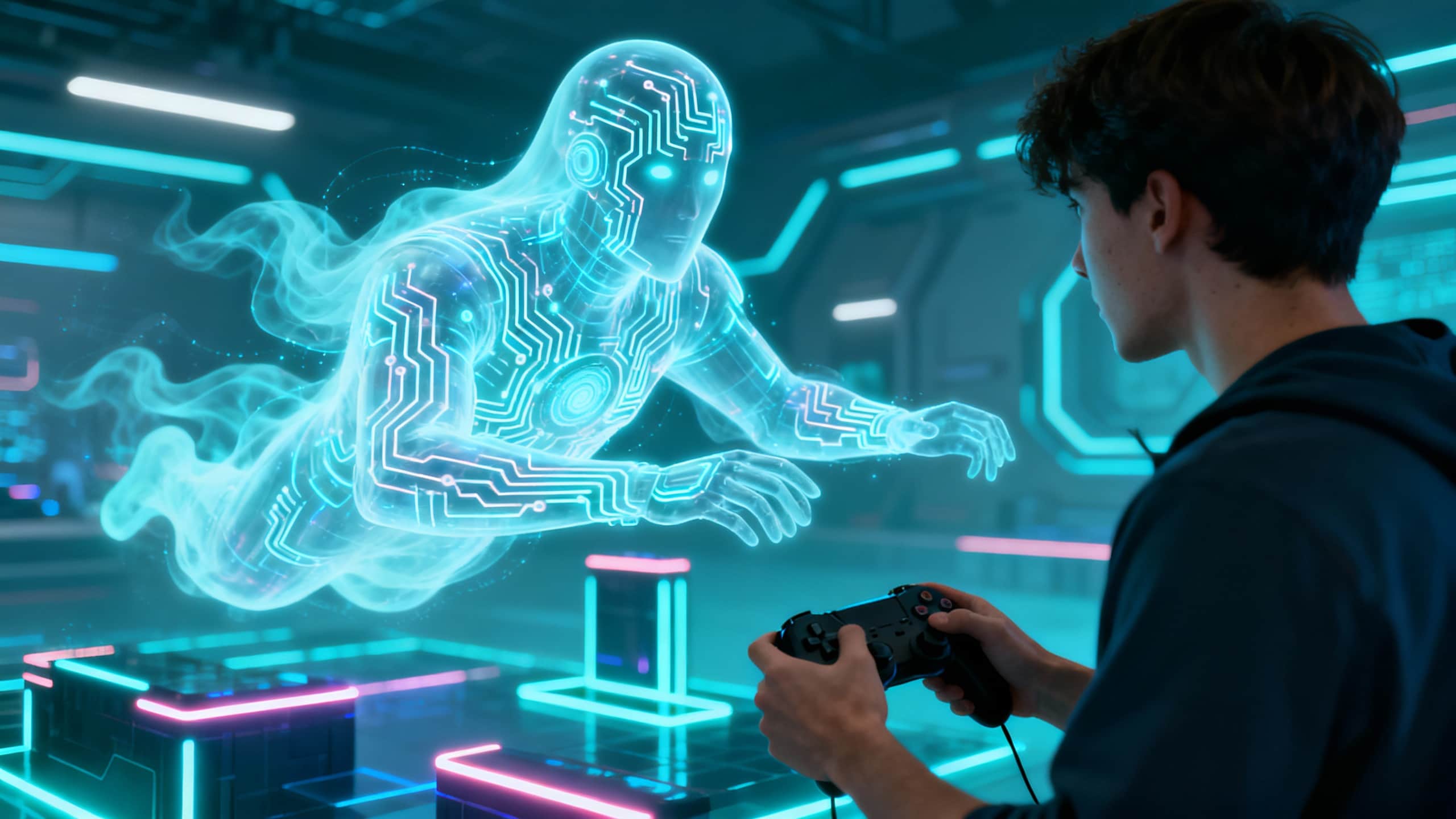 Jeune homme joue avec hologramme futuriste.