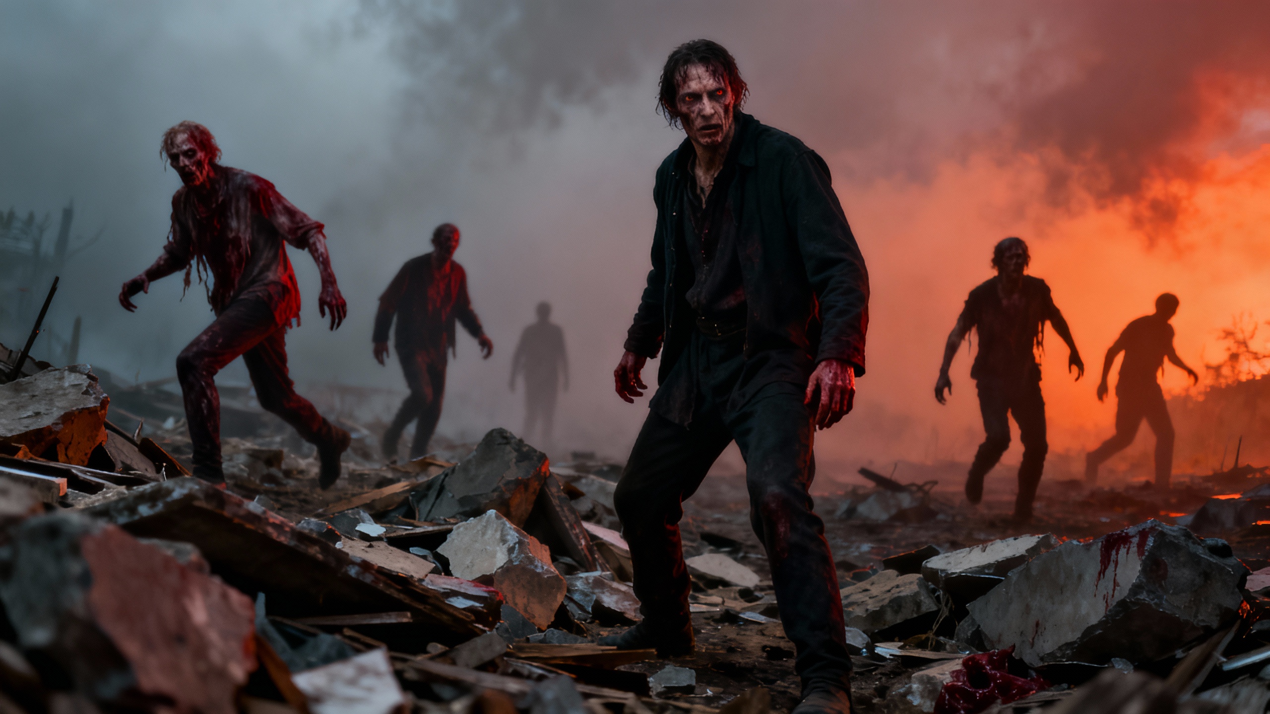 Zombies marchant dans des débris devant un ciel apocalyptique.