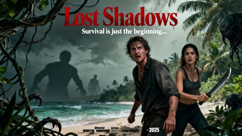 Affiche de film aventure sur une plage.