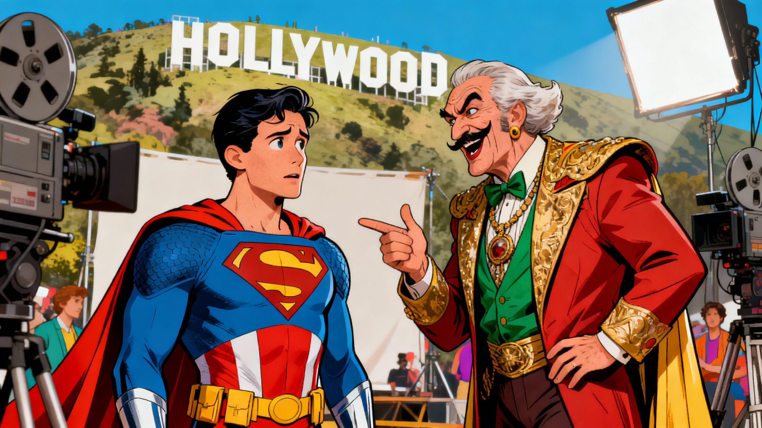 Deux personnages discutent devant panneau Hollywood.