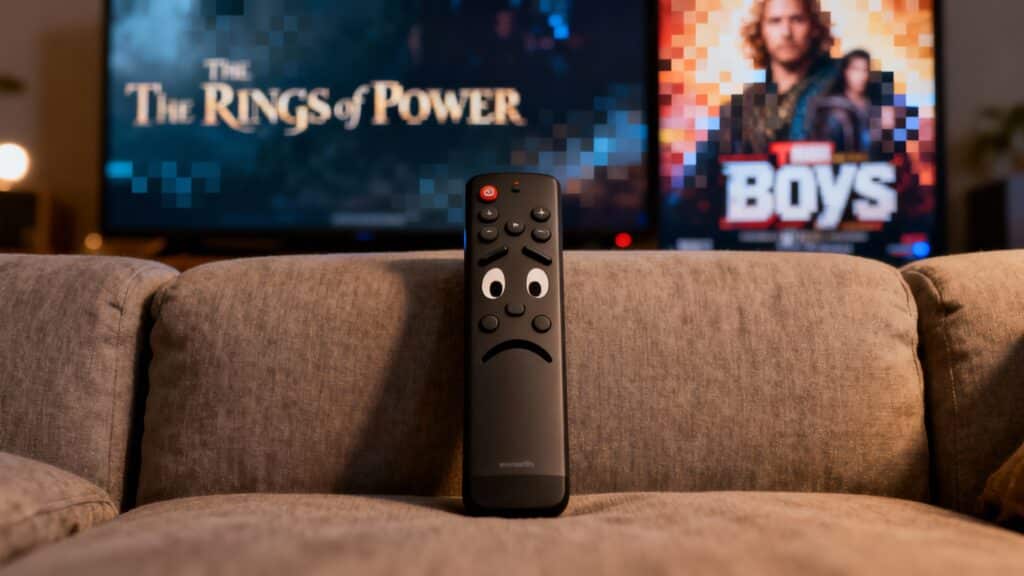Télécommande triste sur canapé, télévisions en arrière-plan.