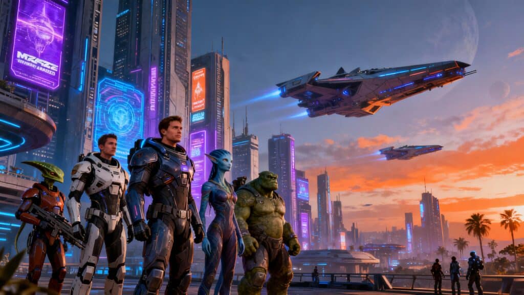 Aventuriers futuristes devant une ville avec vaisseaux spatiaux.