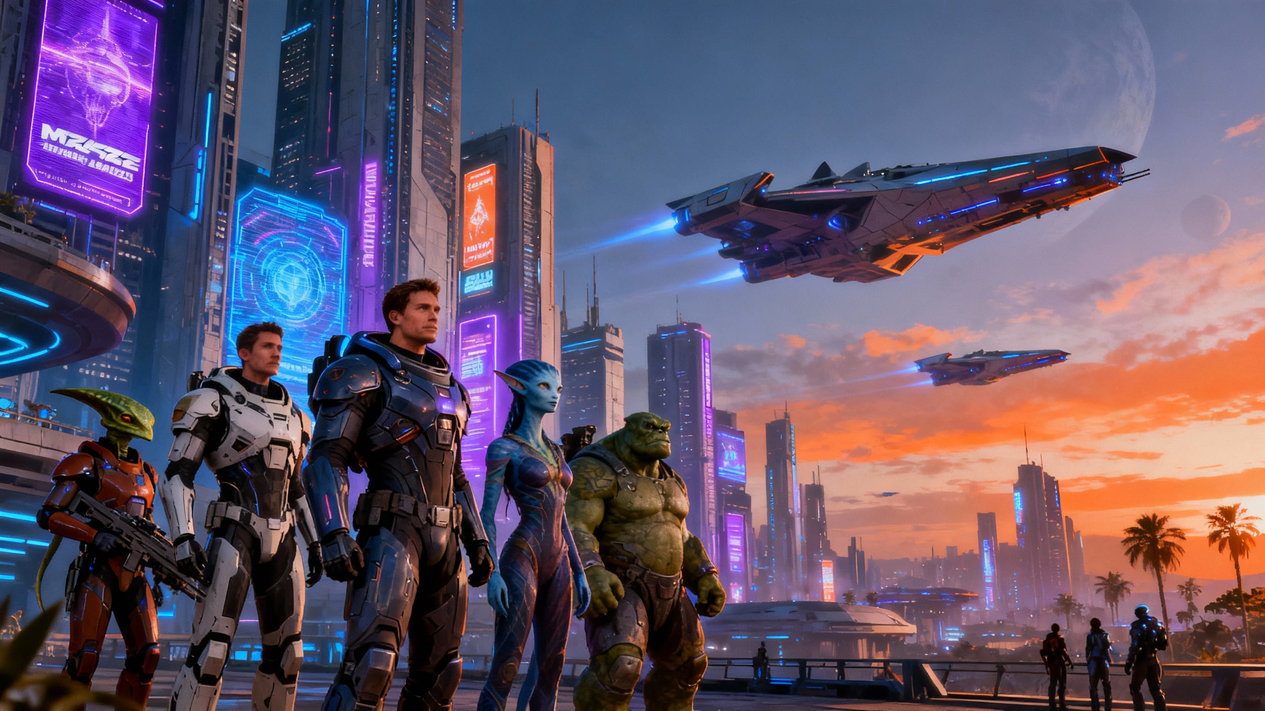 Aventuriers futuristes devant une ville avec vaisseaux spatiaux.