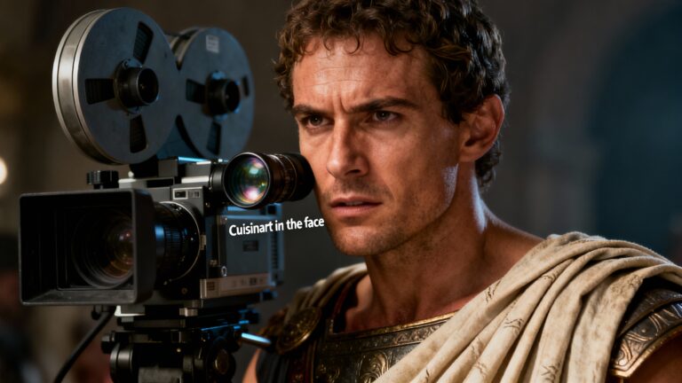 Homme en toge utilisant une caméra rétro.