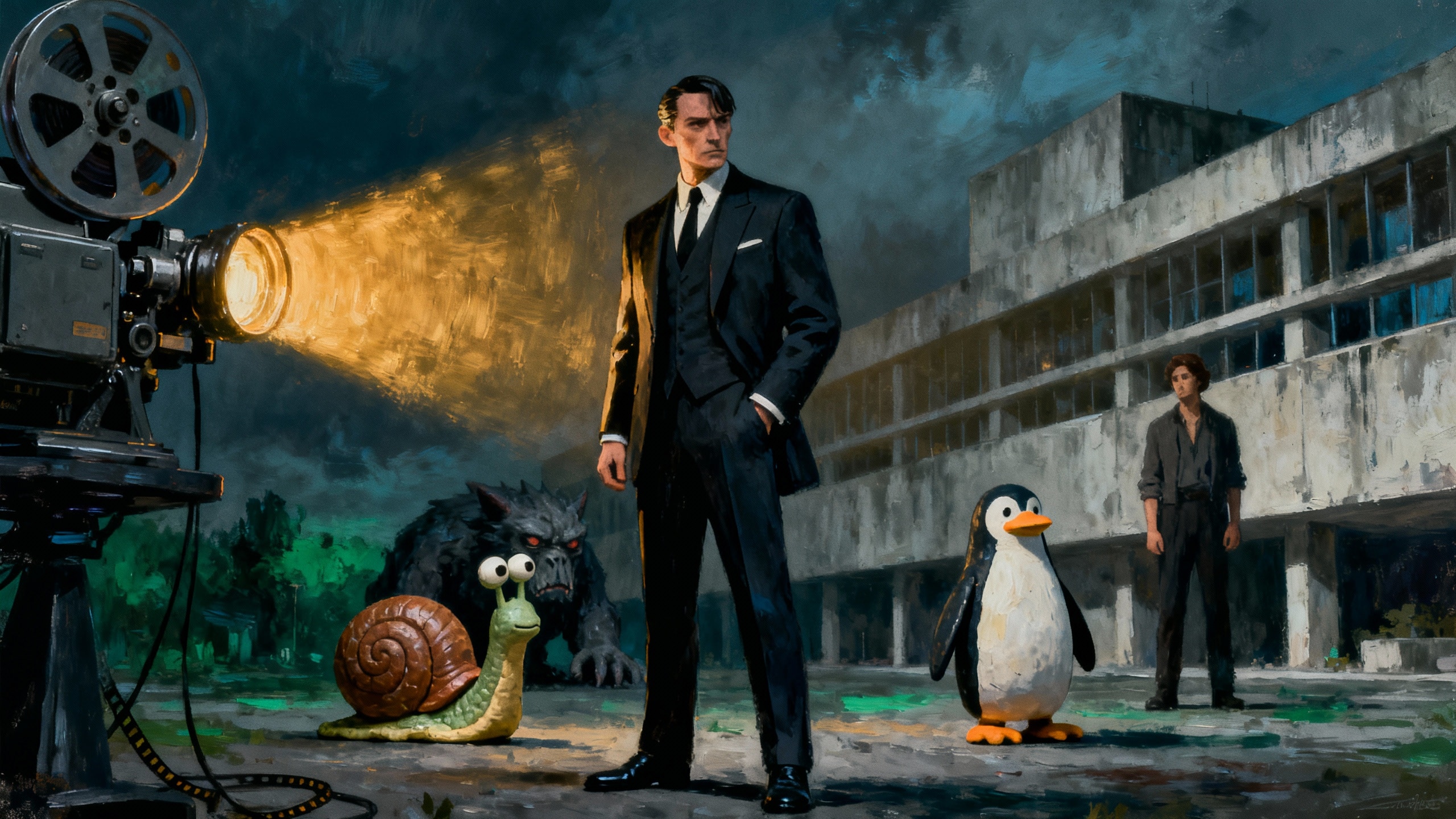 Homme en costume avec escargot, chien et manchot.