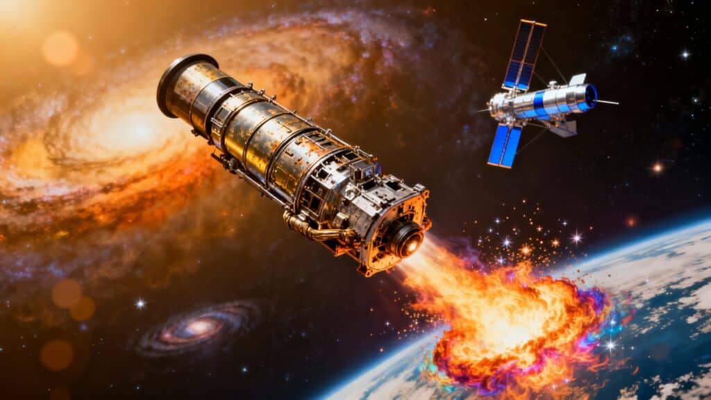 Télescope spatiale et galaxies en arrière-plan.