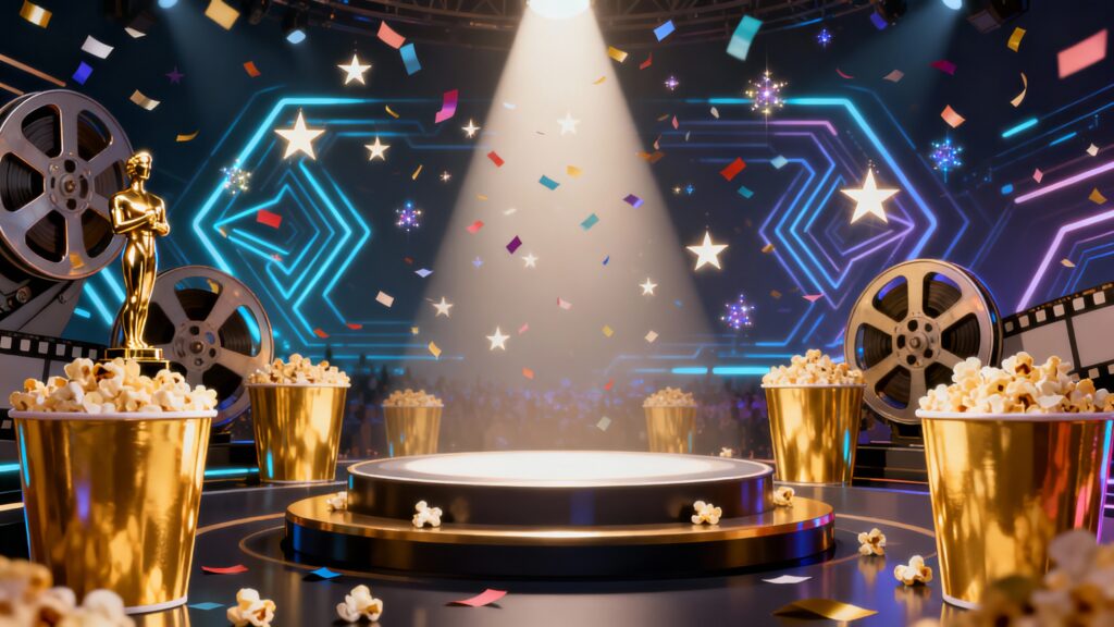 Scène de cérémonie avec récompenses et pop-corn dorés.