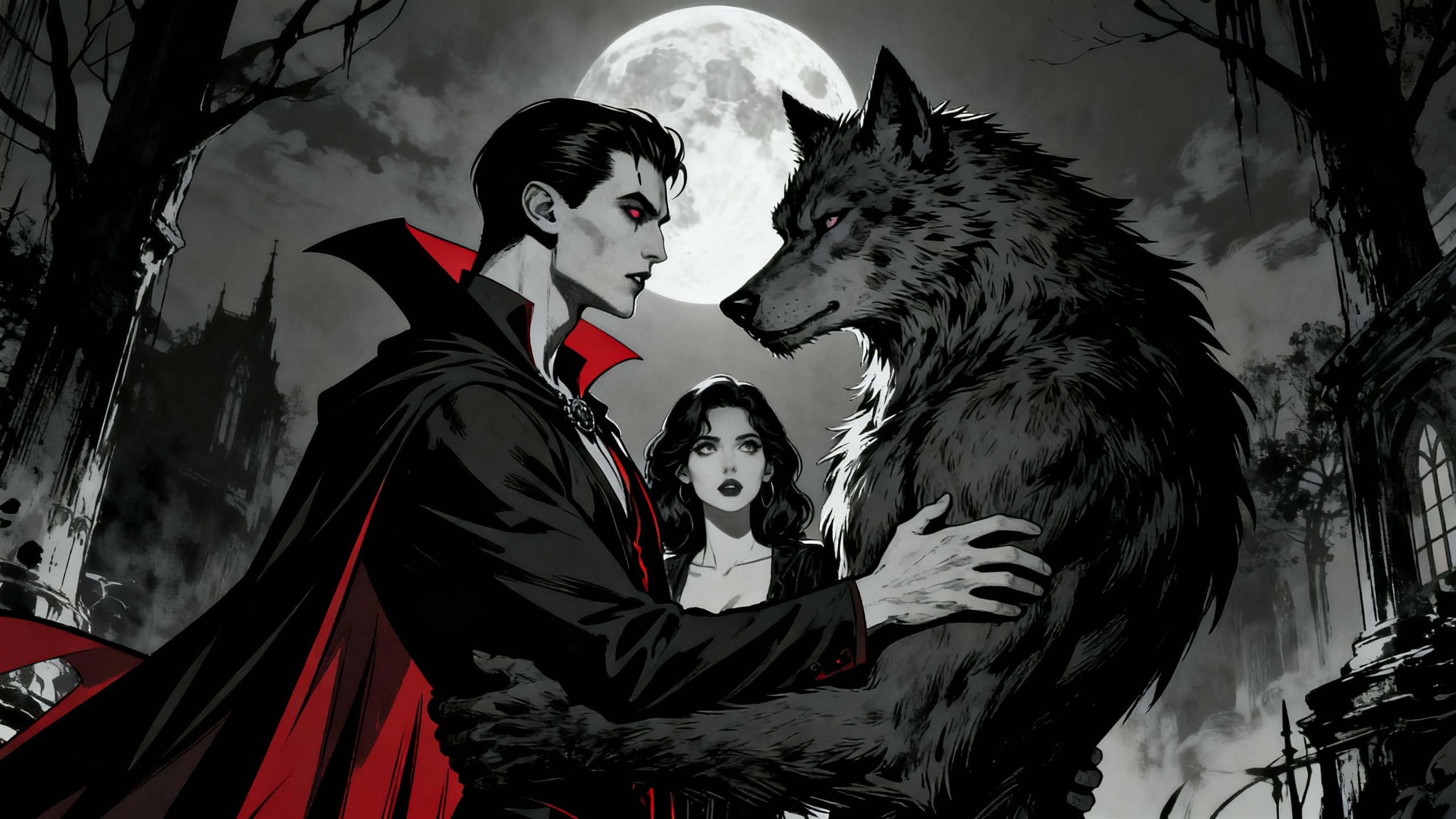 Vampire et loup-garou sous la pleine lune.