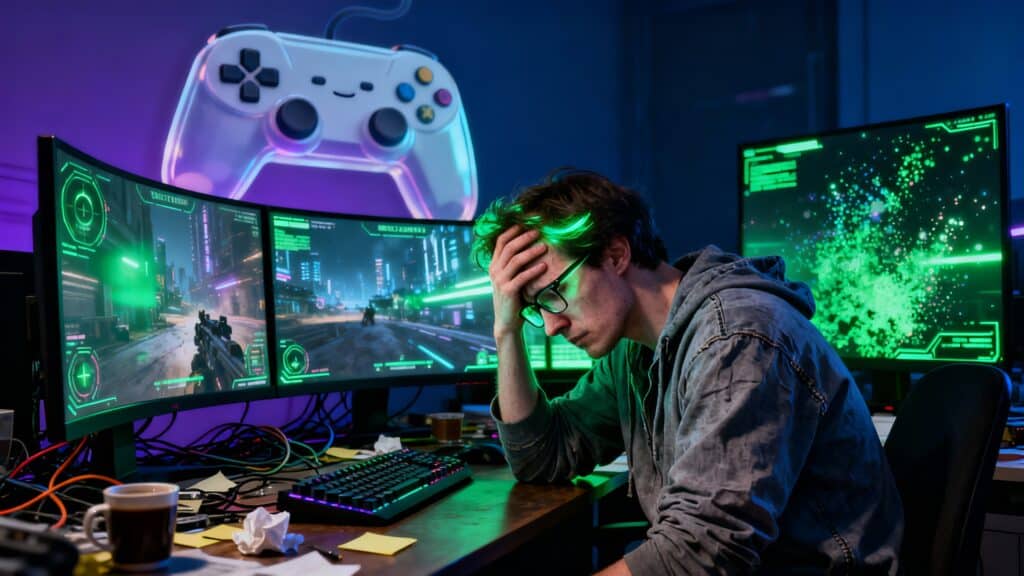 Gamer préoccupé devant trois écrans d'ordinateur.