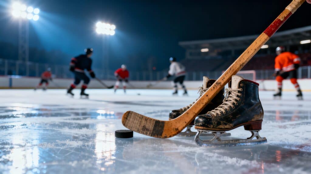 Match de hockey sur glace, équipements au premier plan.