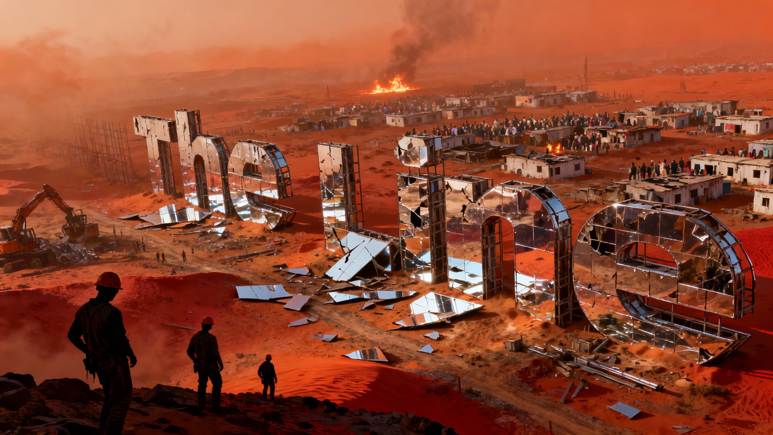 Désert rouge avec constructions et lettres 'The Line'.